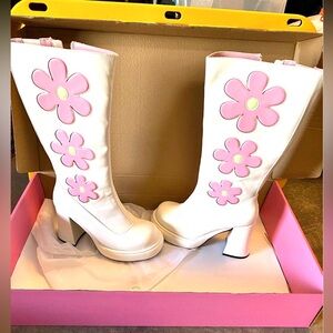 Dolls Kill White Knee-High Platform Boots with Pink Daisy Appliqués